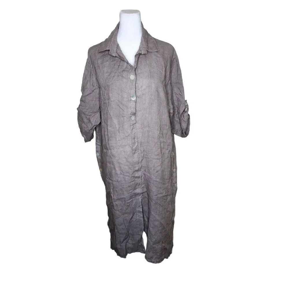 Marisima Italian Long Sleeve Linen Shirt Dress Womens OS One Size Gray Lagenlook
